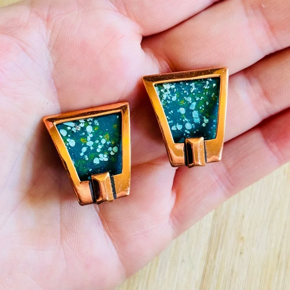 Matisse Renoir Clip Enamel MOD Earrings VTG Signed Chunky Retro Copper MCM 60s